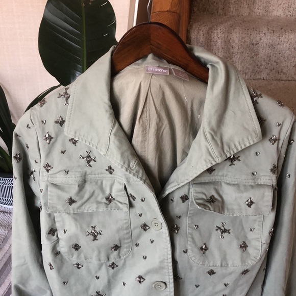 Chicos Green Boho Beaded Button Down Moto Jacket - Picture 2 of 10